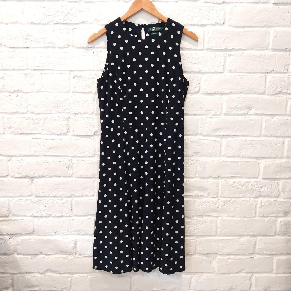 Ralph Lauren Dress Womens 8 Black White Polka Dot Midi Sleeveless Stretch Jersey